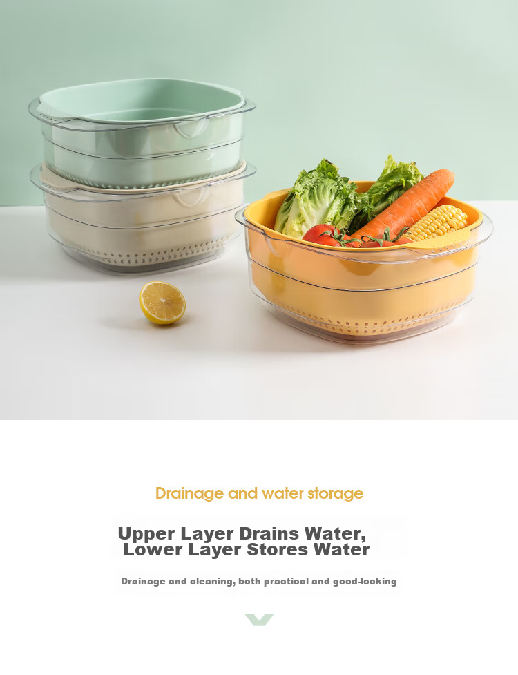 MAXCOOK Vegetable Washing Basket Draining Basket Plastic Double-Layer Vegetable Washing Basin Colander Strainer Basket 1 Basin 1 Strainer Dahong MCPJ3972 3