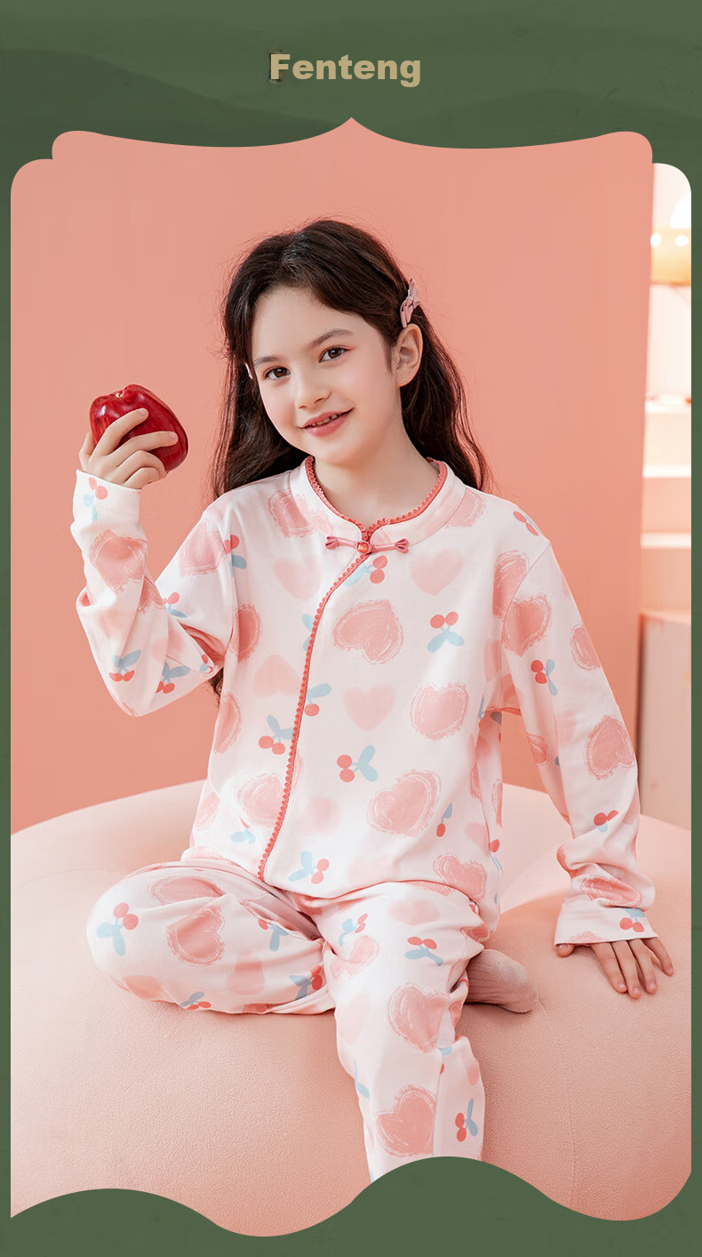 Fenteng Children's Pajamas for Girls, New Chinese Style Pure Cotton Spring National Style Stand Collar Button-Up Loungewear Q9X257930736 1