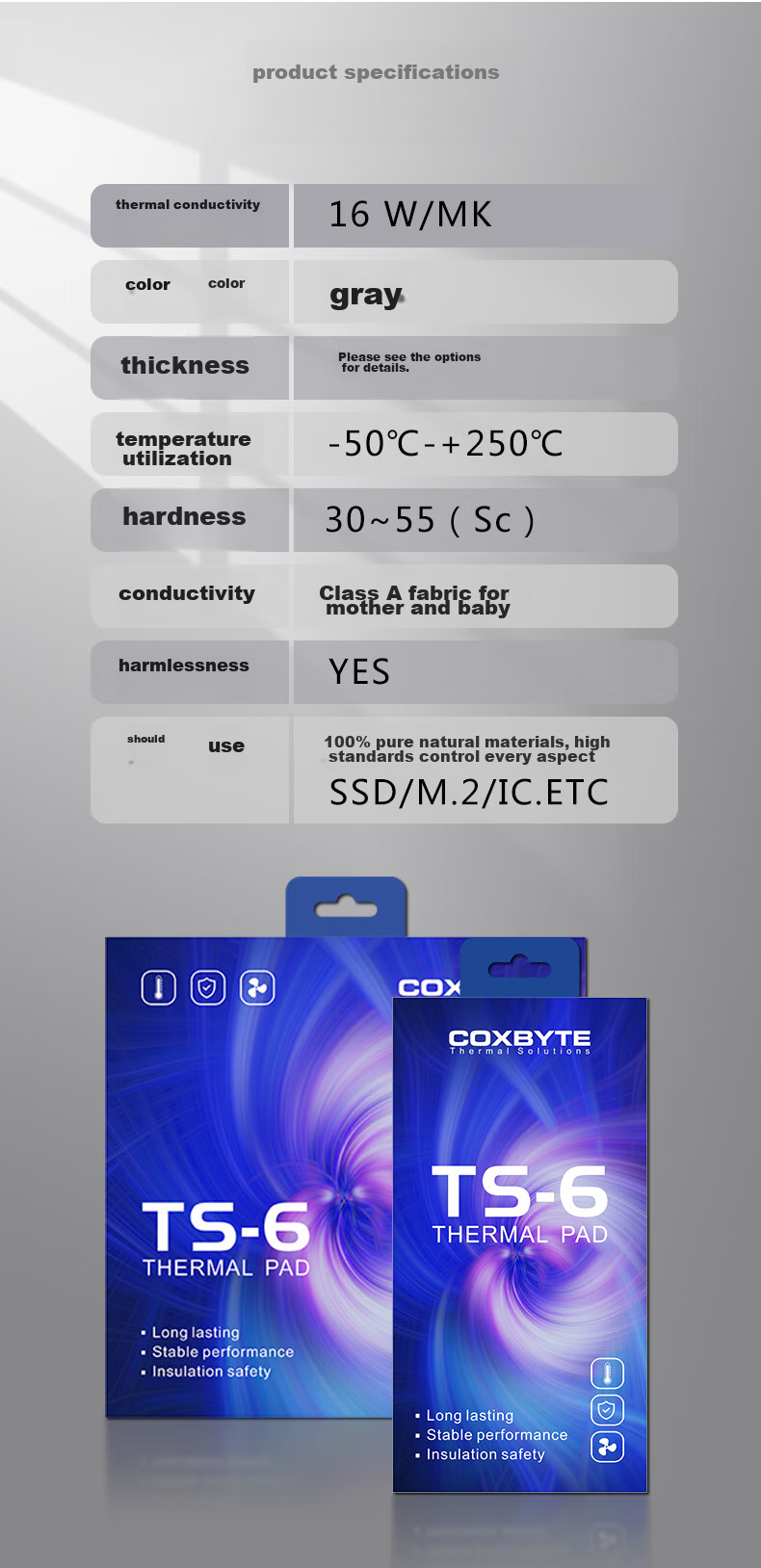 COXBYTE Thermal Pad TS-6 for Desktop Graphics Card, Laptop RAM, M2 SSD Hard Drive Cooling Silicone Pad 85*45*0.5mm 8