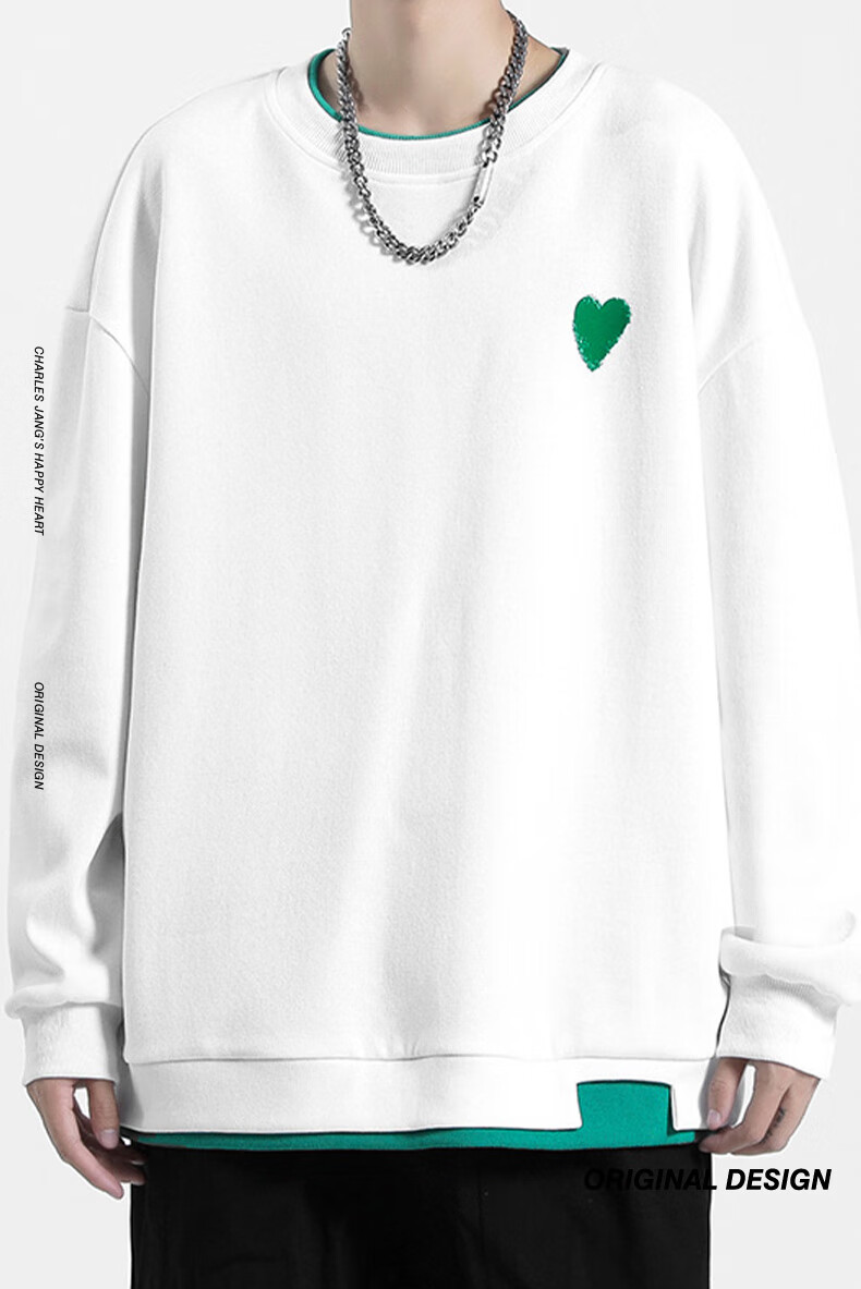 Chaersitaoxin Crew Neck Sweatshirt, Unisex Couple Matching Style, Long Sleeve, Solid Color, Simple Loose Fit, Faux Two-Piece Knit Top, Black, L 1
