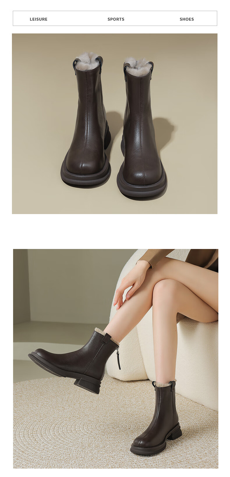 DAPHNE Women's Leather Ankle Boots Thick Sole Warm Martin Boots Brown Size 36 4023605004 10