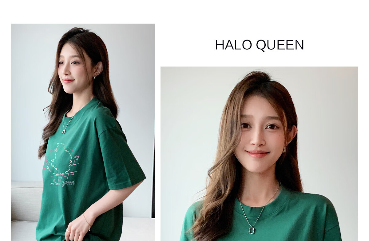 Halo Queen Women's Short-Sleeve T-Shirt, Summer Lightweight Round Neck Tee, American Sweet Cool Cat Print Half-Sleeve Top H143T1409 67