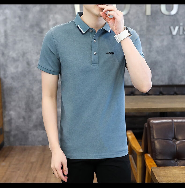 JEEP SPIRIT Men's Short Sleeve T-Shirt Summer Polo Shirt Casual Versatile Top Blue Green 3XL 23