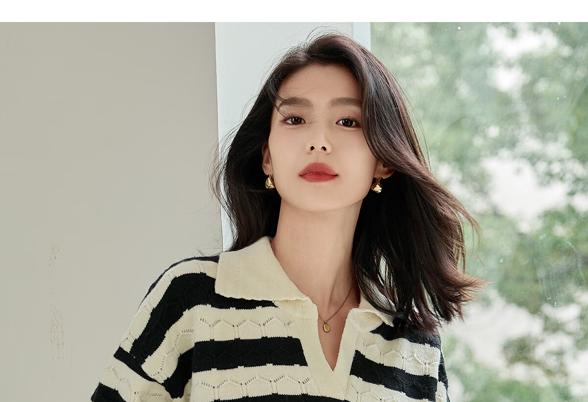 Chushen Spring Autumn Women's Knitwear Striped Textured Pattern Polo Collar Sweater Basic Top S143Z3010 11
