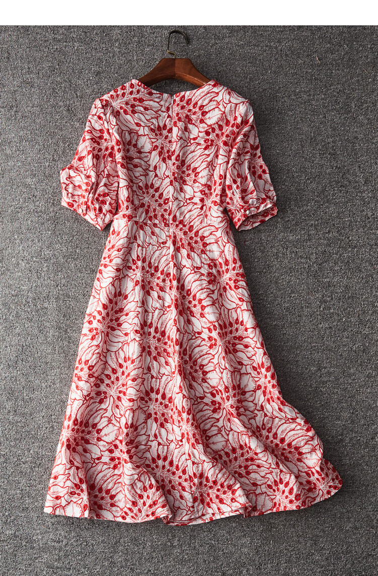 Dme [Monet Garden] Summer Elegant Breathable Pure Cotton Embroidered Waist-Cinching A-Line Flared Dress for Women, Mid-Length 15