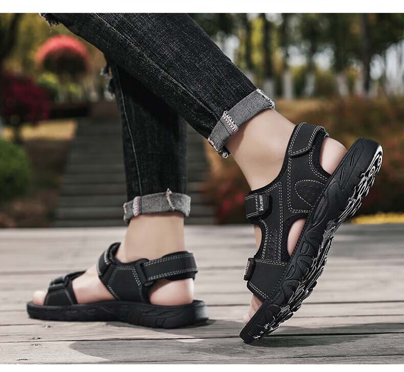 PLAYBOY Men's Sandals, Summer 2025 Breathable Beach Shoes, Korean-Style Perforated Shoes with Velcro Slippers, Black, Size 40 3