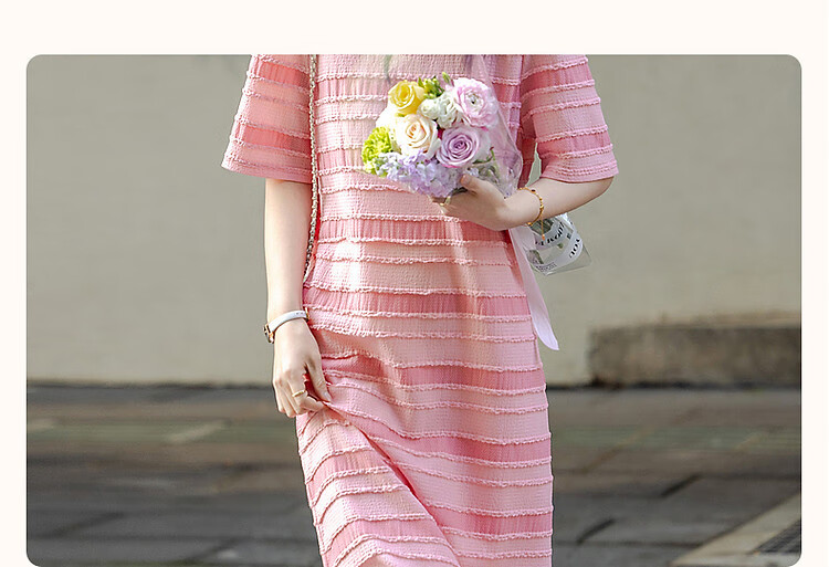 Dme [Half-Ripe Lovers] Spring And Summer Round Neck Textured Lazy Striped Sweet Age-Reducing Knitted Dress, Mid-Length for Wome 4