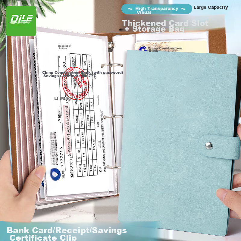 DiLe Multi-Functional Bill And Deposit Folder, Bank Savings Book, Bank Deposit Organizer, Loose-Leaf Bill Holder with Insert Pages for Checks And Receipts, 20 Inner Pages, Leather Version 70893, Smog Blue