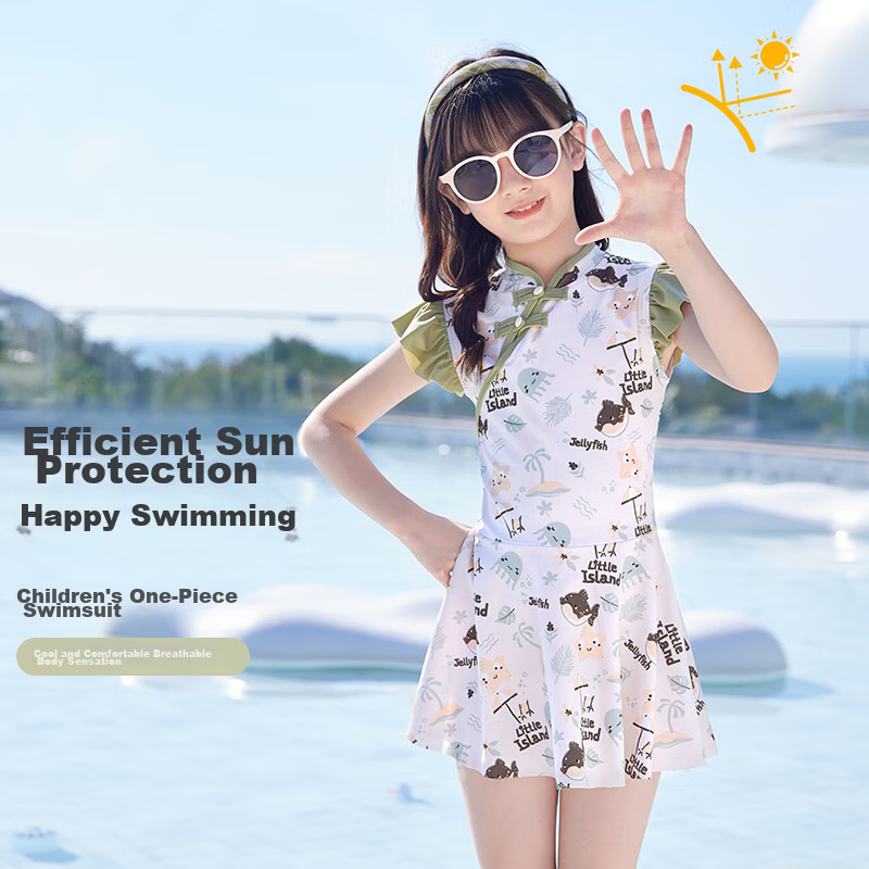 Huili Children's Swimsuit, Girls' One-Piece Dress, New Chinese Style, for Older Girls, Swimming Four-Piece Set, 34084 Purple, XL