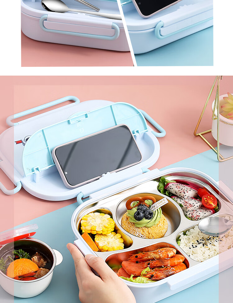 Dipuer Insulated Lunch Box, Student 316 Stainless Steel Lunch Box, Children's Special Large Capacity Compartmented Meal Box, 1550ML 2