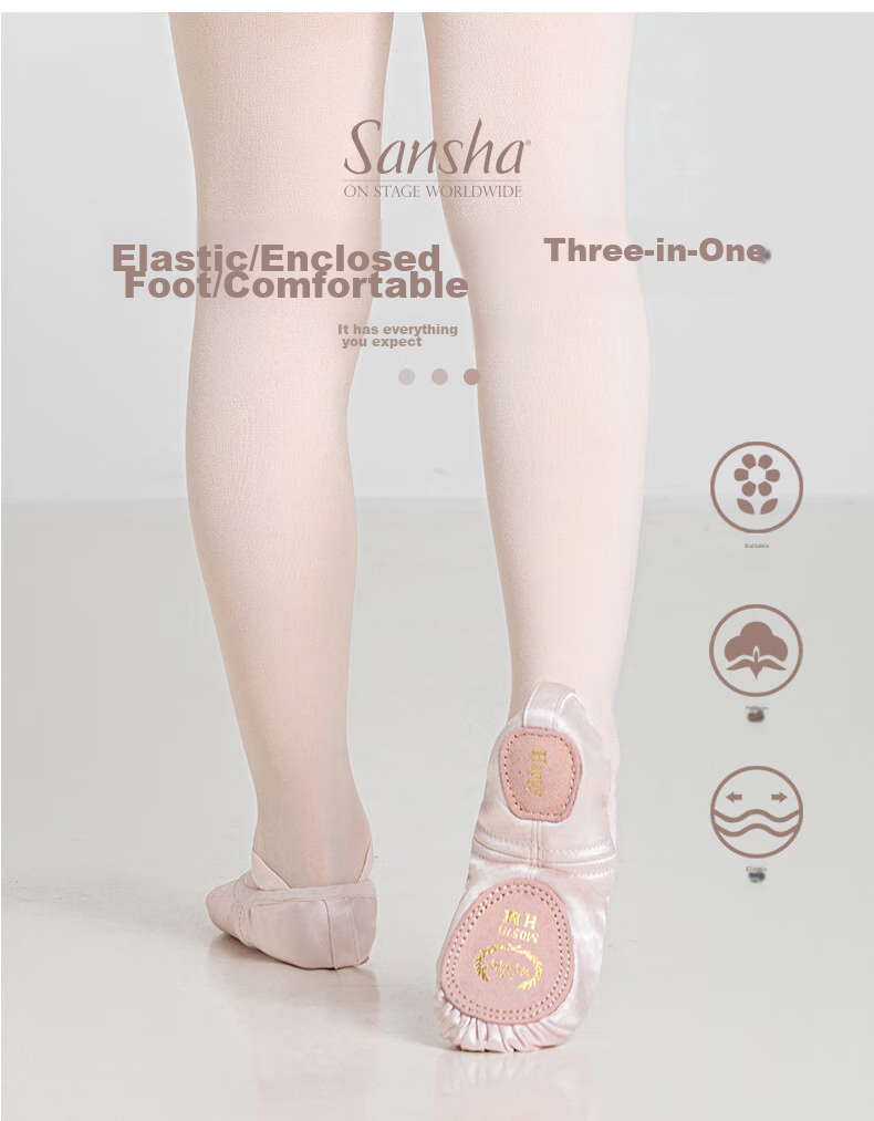 Sansha Children's Dance Practice Shoes, Elastic Satin Ballet Flats, Two-Piece Sole Cat Paw Shoes, English Satin, Size 32 1