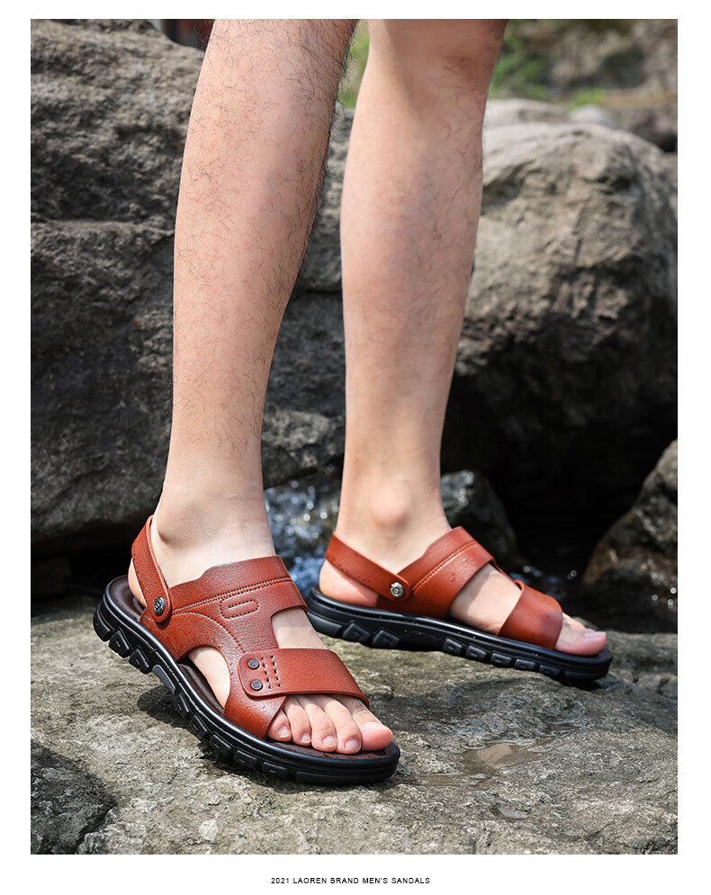LAORENTOU Men's Beach Sandals Summer Breathable First Layer Cowhide Massage Sole Slippers Outdoor Casual Shoes LT12031 Black Size 40 5