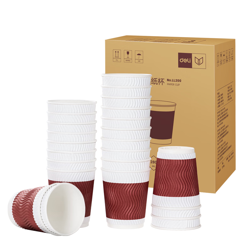 Deli 280ml Disposable Paper Cups, Water Cups, Non-Slip Three-Layer Thickened Wavy Red, 500 Count, LL200