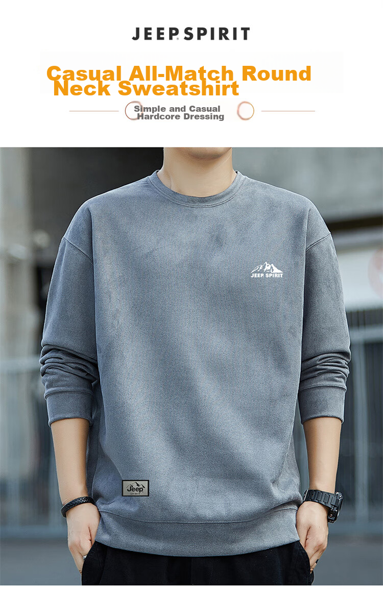 JEEP SPIRIT Men's Sweatshirt, Spring Korean Style Loose Fit Round Neck Undershirt, Blue, 4XL 1