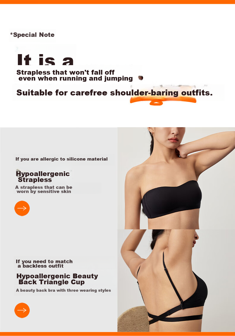 NEIWAI Orange Label Zero-Worry Strapless Anti-Slip Wireless Fixed Cup Bra, Women's Breathable Strap Detachable Underwear 12