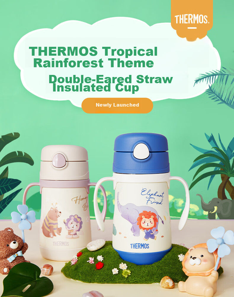 THERMOS Children's Straw Insulated Water Bottle, Ultra-Light 316L Stainless Steel Handle, for Students, Kindergarten, And Toddlers, School Use, TCKC 1