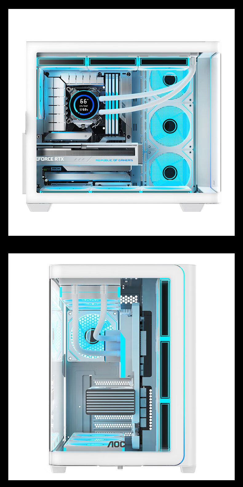 AOC CG455 White ATX Desktop Computer Case with Integrated Curved Tempered Glass Panel, 10 Fan Positions, 360mm Water Cooling Support, Left And Right Compartment Separation, Quick-Release Desig 8
