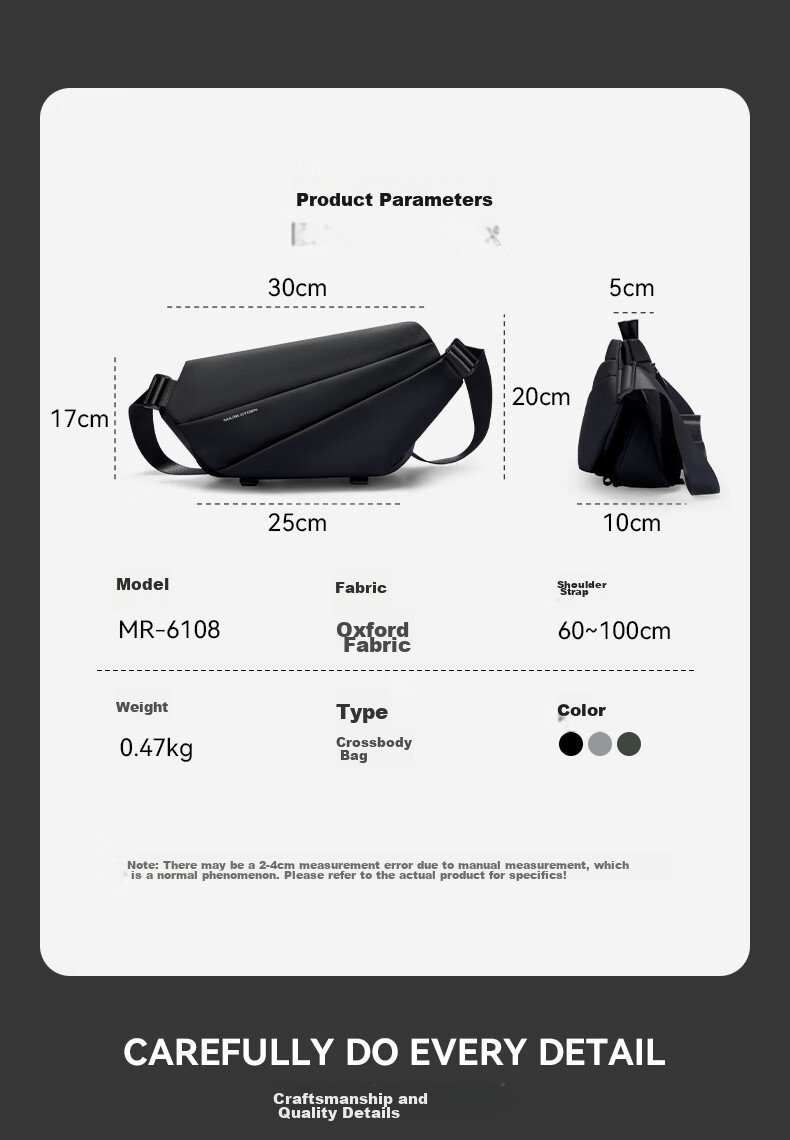 MARK RYDEN Shoulder Bag, Sports Large Capacity Crossbody Bag, Motorcycle Chest Pack, Trendy Multifunctional Messenger Bag for Men, MR6108 Elegant Black 9