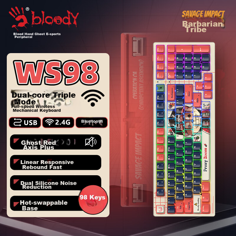 A4TECH WS98 99-Key Wireless Mechanical Keyboard, Tri-Mode Gaming Customizable Keyboard, Wild Tribe Red Switch Mechanical Dog, Wired/wireless/blueTooth Triple Mode