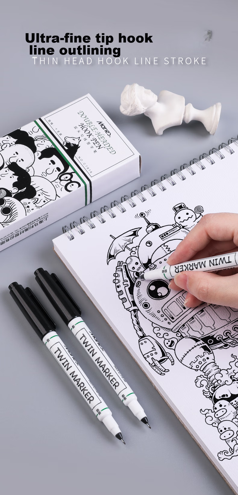 Marie's Double-Ended Marker Set of Ten, Art Student-Specific Black Outline Pens, Waterproof And Oil-Resistant, Quick-Drying Fine Tip Drawing Markers C7816 2