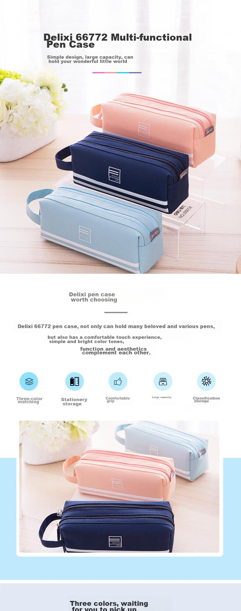 Deli Multi-Layer Large Capacity Student Pencil Case, Handheld Stationery Box/multifunctional Oxford Cloth Pencil Storage Bag, School Supplies for Boys And Girls, Pink Back-To Stationery Gift 1