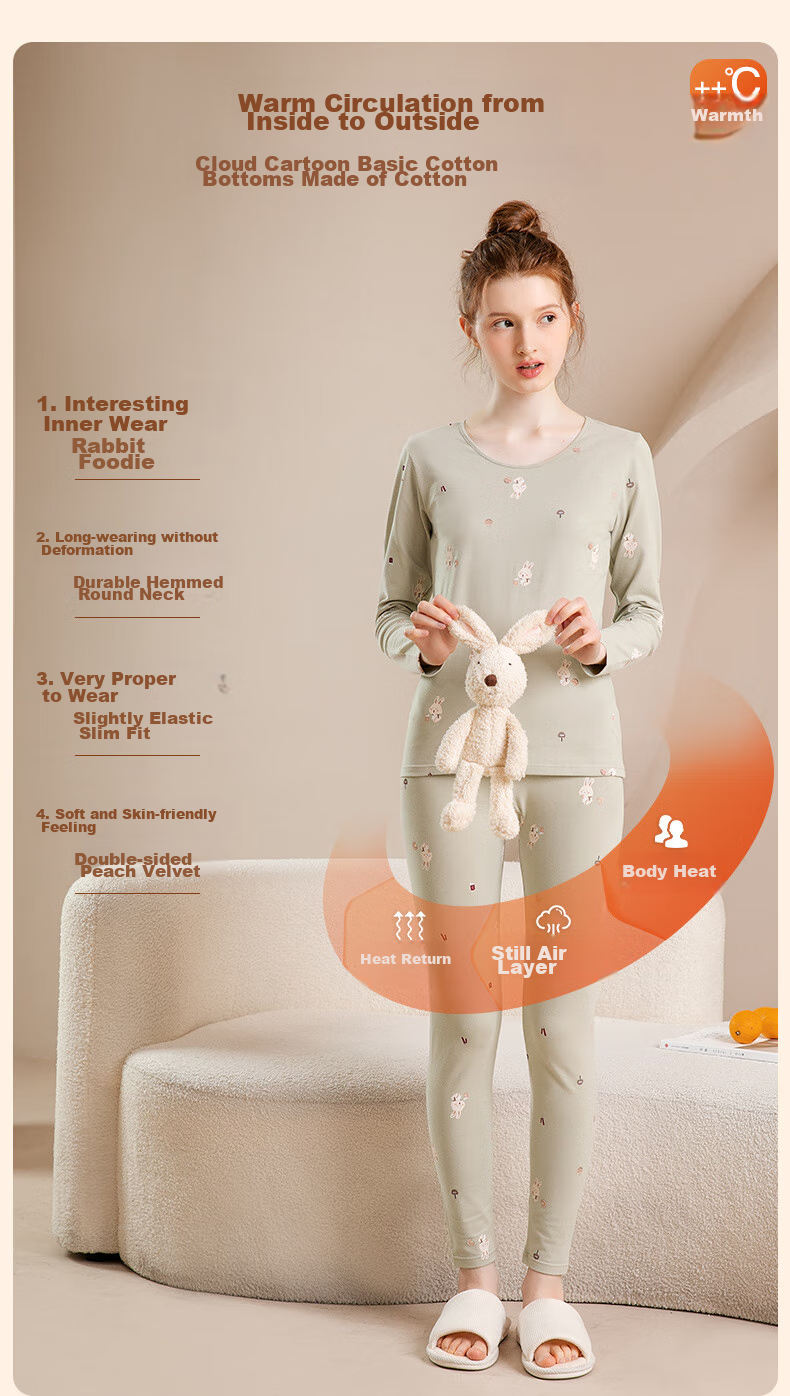 Fenteng Women's Thermal Underwear Pure Cotton 2025 New Style [Light Warm Underwear] Round Neck Small Floral Autumn Top and Bottom Set 5