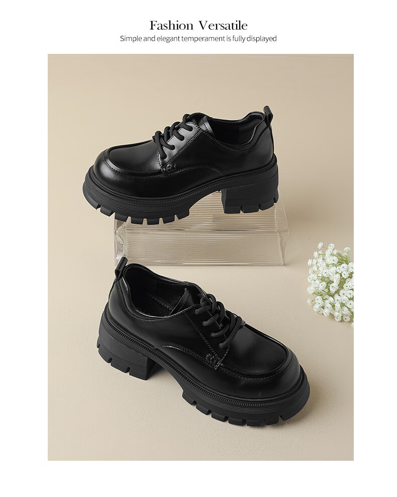 DAPHNE Women's Single Shoes, Thick-Soled High Heels Loafers, Lace-Up Versatile Leather Shoes, Women's Footwear 4024101276, Black, Size 37 9