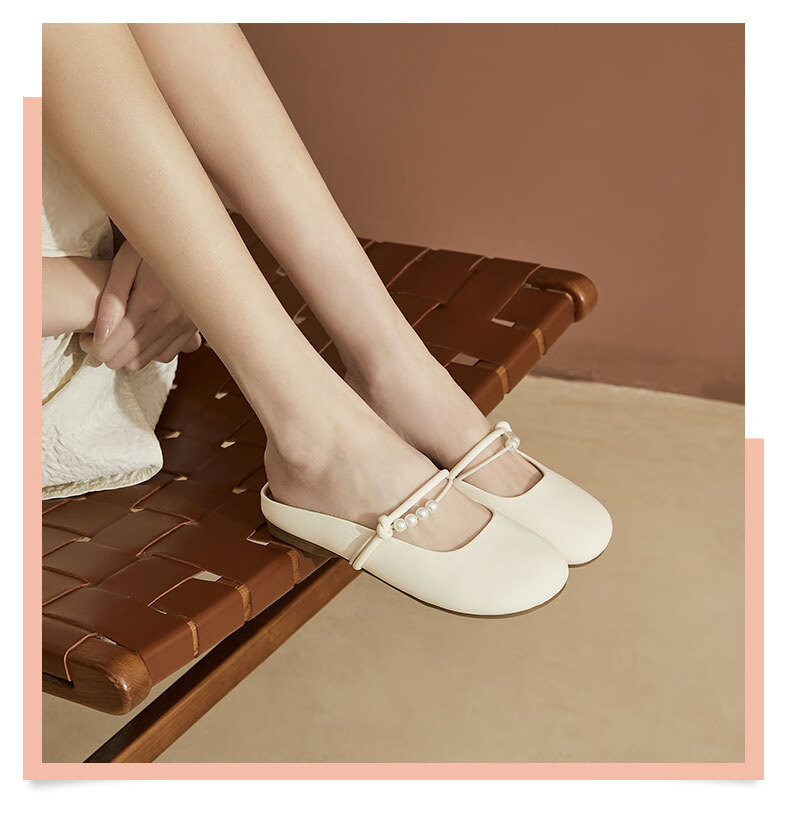 DAPHNE Women's Flat Slippers, Soft-Soled Mary Jane Shoes, Fairy-Style Gentle Sandals, Beige, Size 35 5
