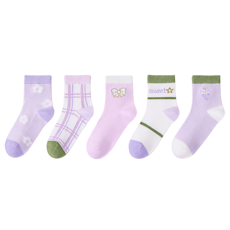 LangSha Children's Socks, Girls' Summer Thin Mesh Socks, Mid-Calf Socks for Older Kids And Toddlers, Student Socks, 5 Pairs Pack, Butterfly Pattern, Size L