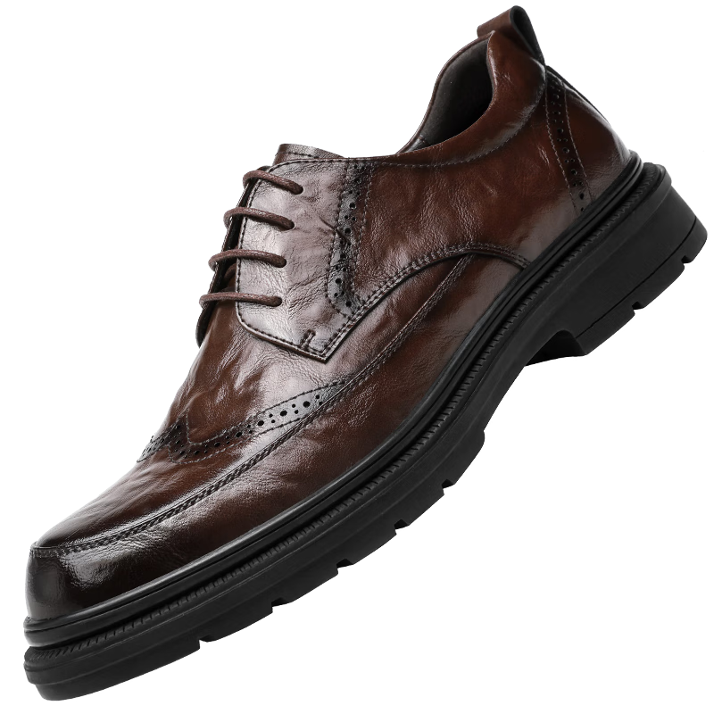 CARTELO Men's Brogue Leather Shoes with Hand-Scraped Texture, Soft Cowhide, Height-Increasing Thick Sole Formal Dress Shoes for Men 9745 Brown Size 39