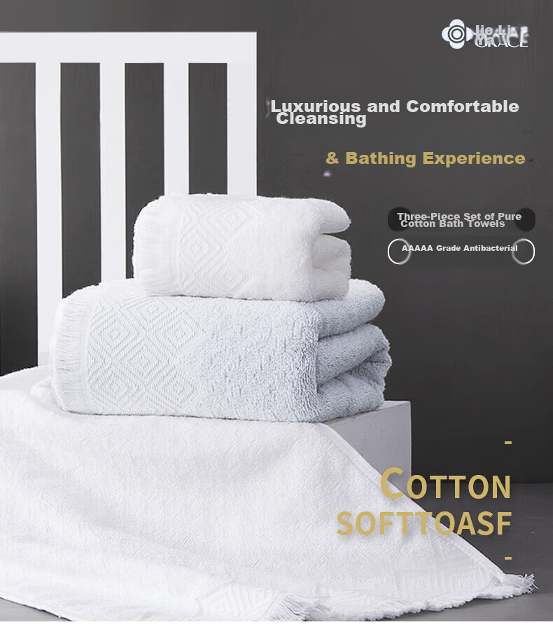 Grace Pure Cotton Antibacterial Towel And Bath Towel Set of Three, Wind-Proof Style Comfortable Towels Gift Box Set, White + Gray Sports 1