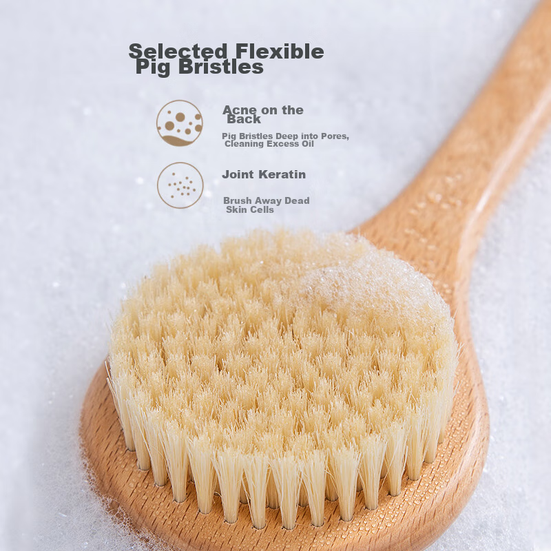 Baoshi Back Scrubber, Bath Brush, Pig Bristle Brush Head, Nanmu Bamboo Long Handle, Deep Cleaning Back Scrubbing Bristle Brush
