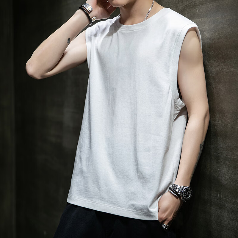 I'M DAVID Men's Sports Tank Top, Summer Round Neck Sleeveless Ice Silk Hong Kong Style Casual Solid Color Top T-Shirt for Men, White, M