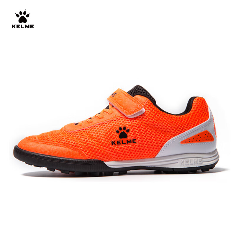 KELME Soccer Shoes with Velcro, Youth Slip-On Cleats, TF Breathable Student Football Boots, Fluorescent Orange, Size 38