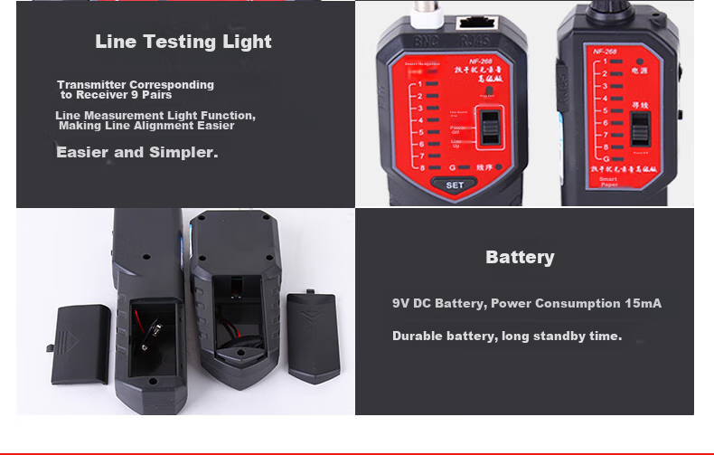 Smart Mouse NF-288 Cable Tracker Line Tester with NCV Function Network Cable Detector and Battery Polarity Tester 12