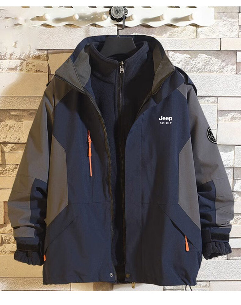 JEEP SPIRIT Men's Spring Jacket, Three-In Detachable Windproof Coat, Navy Blue Solid Color, 3XL 2