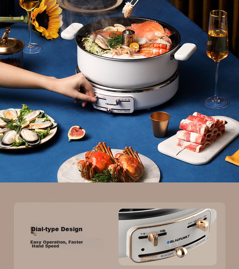 BLAUPUNKT Electric Hot Pot with Adjustable Height, Multi-Functional Cooking Pot for Home Use, 5L Detachable Electric Cooker with Magnetic Stove, Electric Stew Pot, Barbecue Meat Frying Stir-Frying Stewing Pot, Light Luxury Blue H1 8