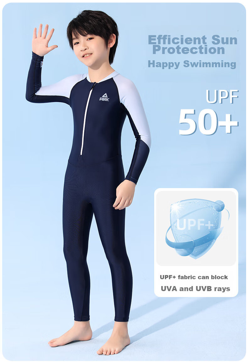 PEAK Children's One-Piece Long-Sleeve Swimsuit, Hot Spring Beach Sun Protection, Boys' Surfing Suit, Training Swimwear, Size 140 4