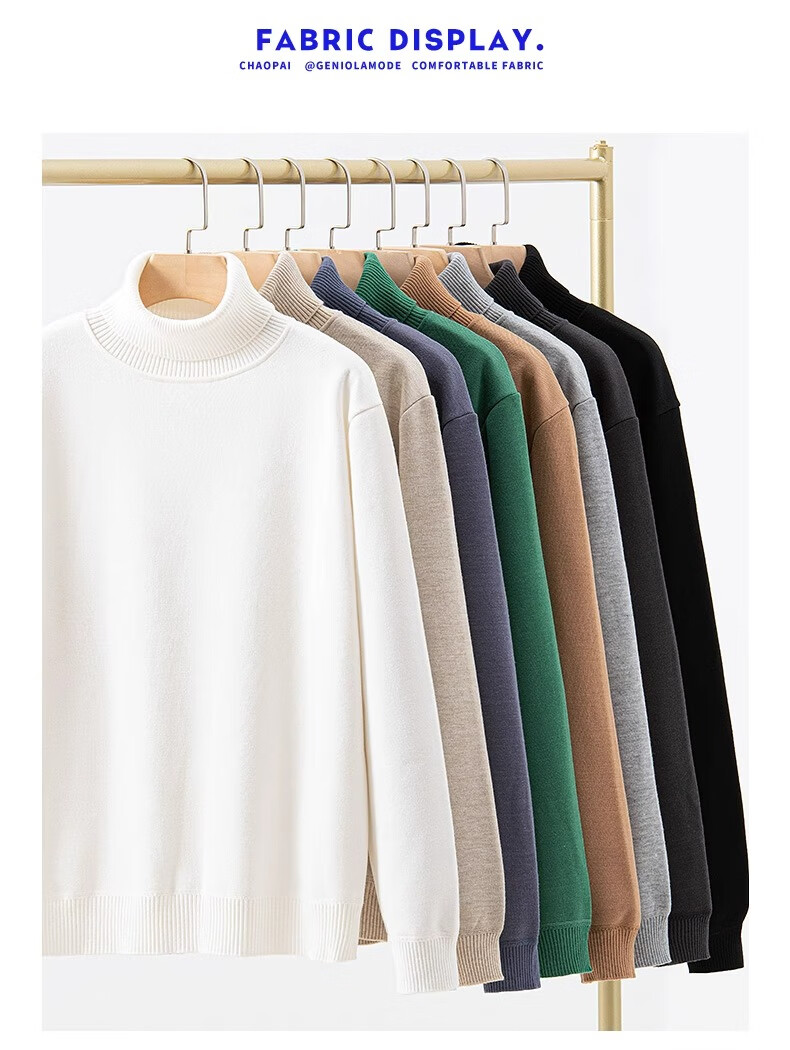 GENIOLAMODE Men's Turtleneck Sweater, Winter Fleece-Lined Thick Warm Inner Layer Knitted Base Shirt Clothing, Light Gray, 2XL 12