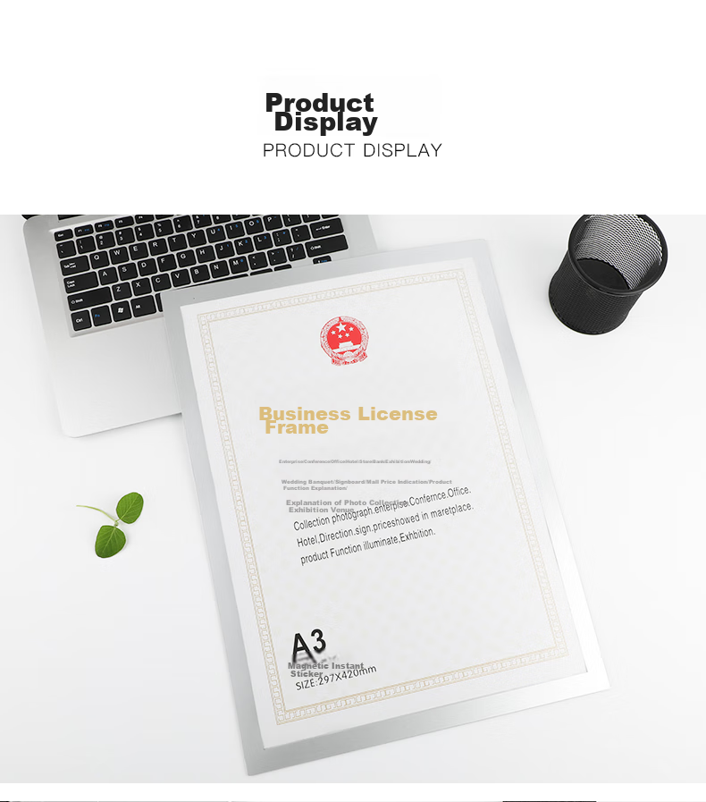 Befon Business License Frame, Magnetic Display A4 Holder, No Drilling Required, Strong Magnetic Attachment, Ready to Use, Specially Designed for Licenses, Photo Poster Protective Frame, Silver 5498 10