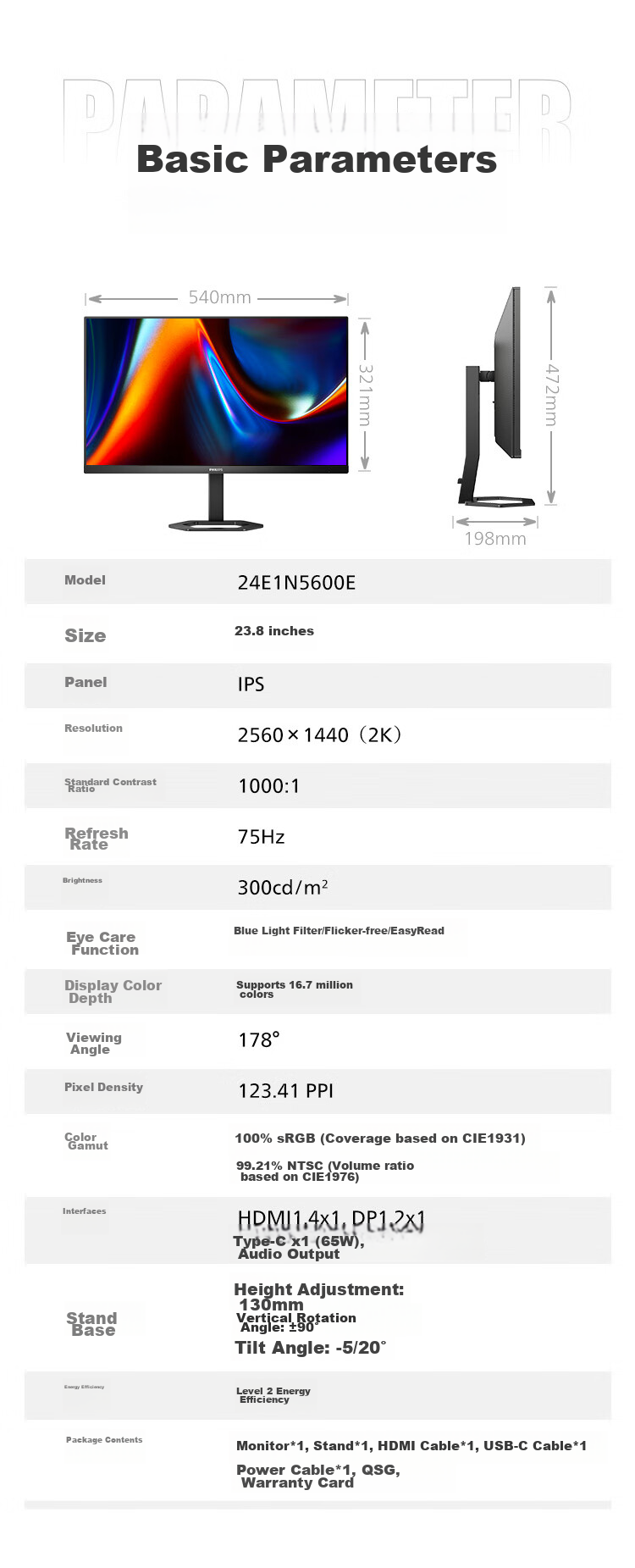 PHILIPS 23.8-Inch 2K IPS Type-C65W Low Blue Light Online Class Rotatable Height Adjustable High-Definition Design Office Monitor Entertainment Display Screen 24E1N5600E 11
