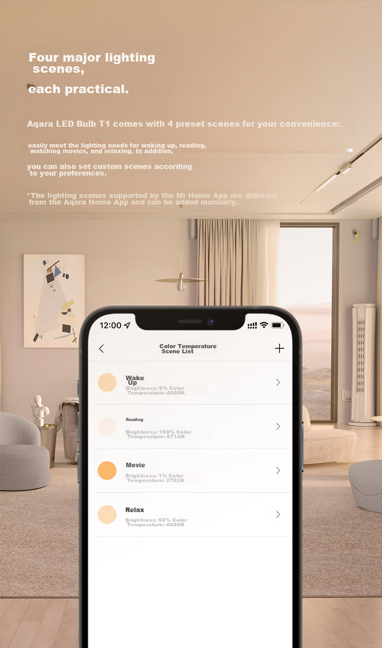 Aqara Smart LED Bulb T1, Adaptive Lighting with Color Temperature Adjustment, Integrated with Mijia APP/iPhone HomeKit 12