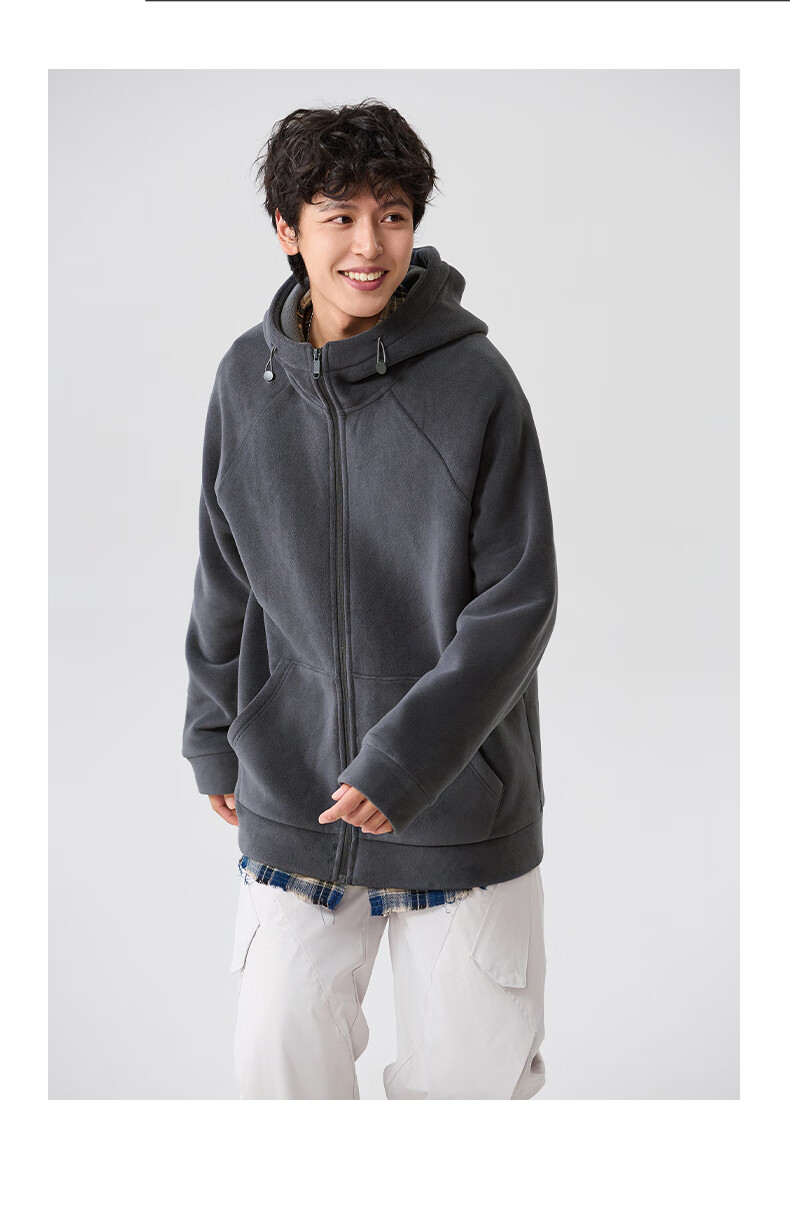 Jeanswest Men's Winter Fleece-Lined Thickened Hoodie Solid Color Double-Sided Fleece Premium Warm Jacket 8