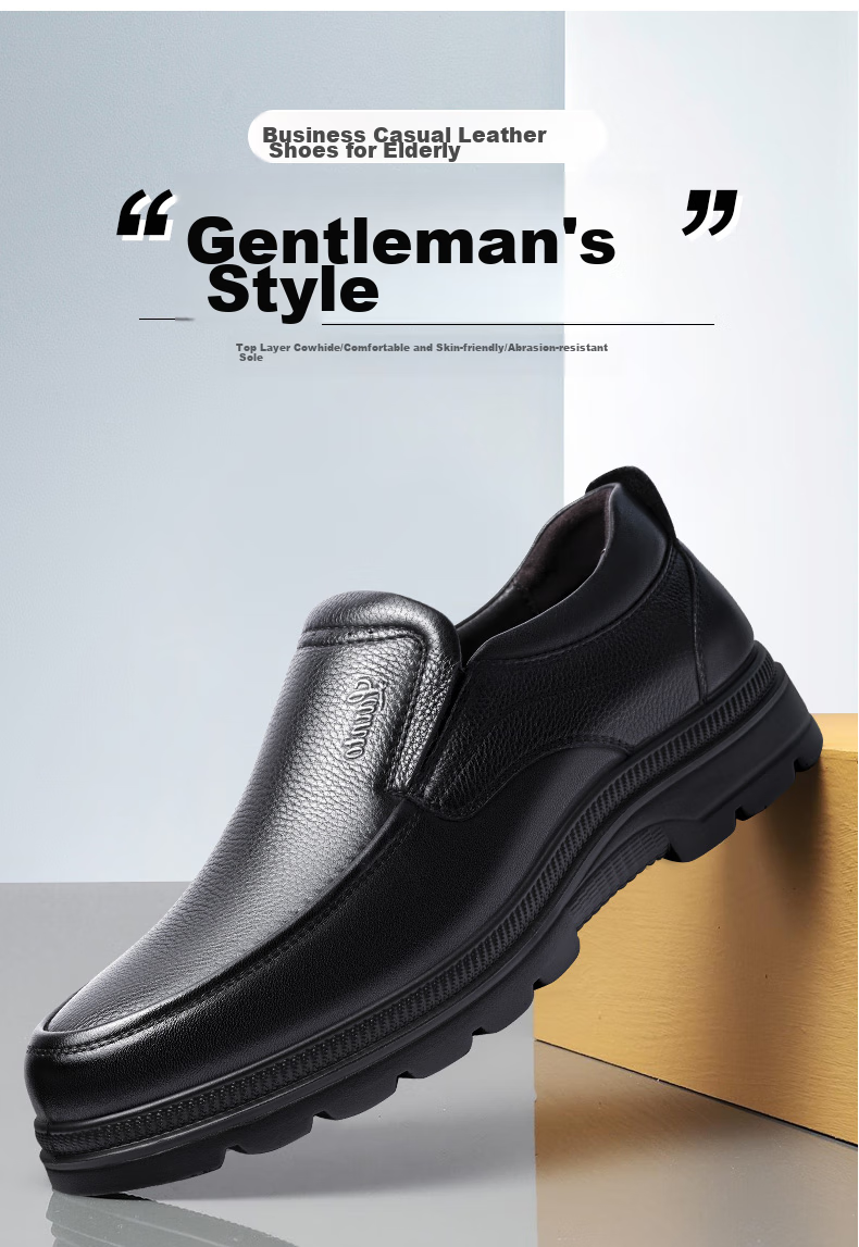 LAORENTOU Men's Leather Shoes, Business Casual Shoes, Top-Grain Cowhide Slip-Ons, Non-Slip Round Toe Dad Shoes, 260278 Black 38 2