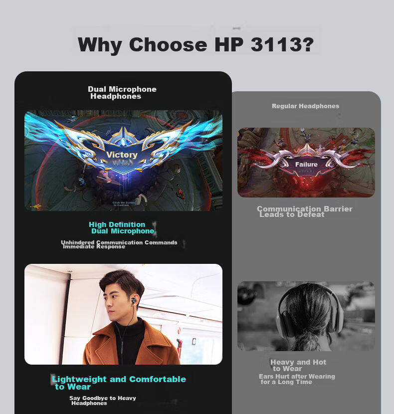 HP DHH-3113 Gaming Wired Headset, In-Ear Headphones with Microphone, Smart Noise Cancellation, Mic for Mobile Phones And Computers, E-Sports Deep Bass Triangular Office Study Music Headphones 1