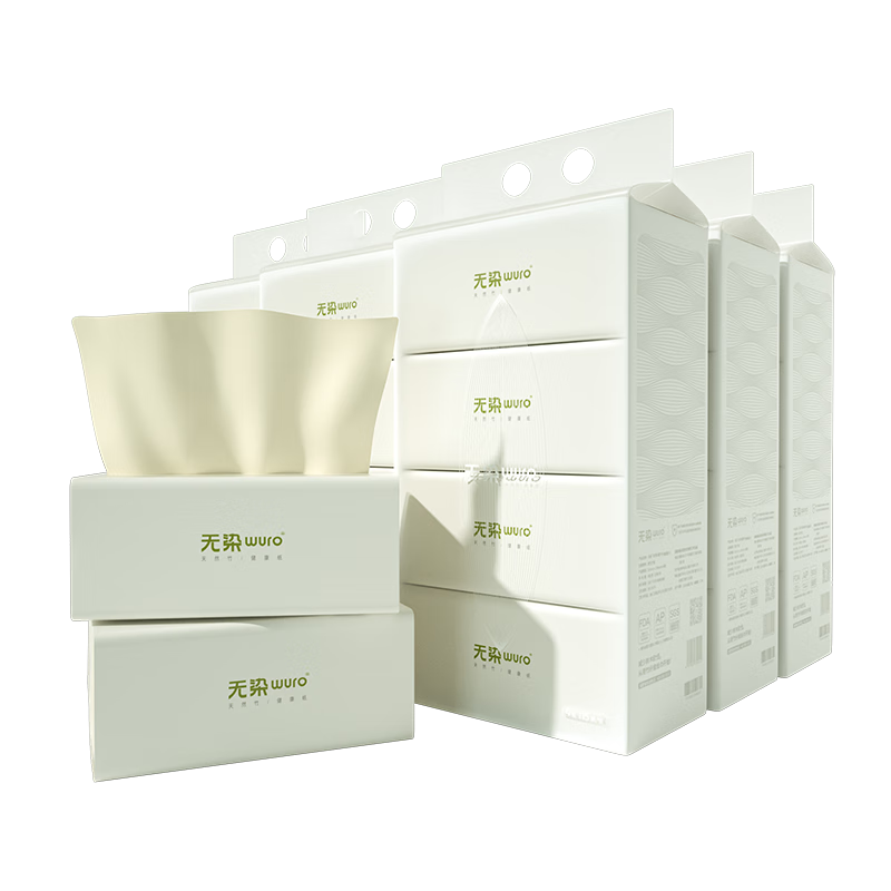 Wuro Natural Color Facial Tissues, Bamboo Pulp Paper, 4-Ply, 115 Sheets*20 Packs, XL Size, Large-Size Tissues, Toilet Paper, Napkins, Whole Box