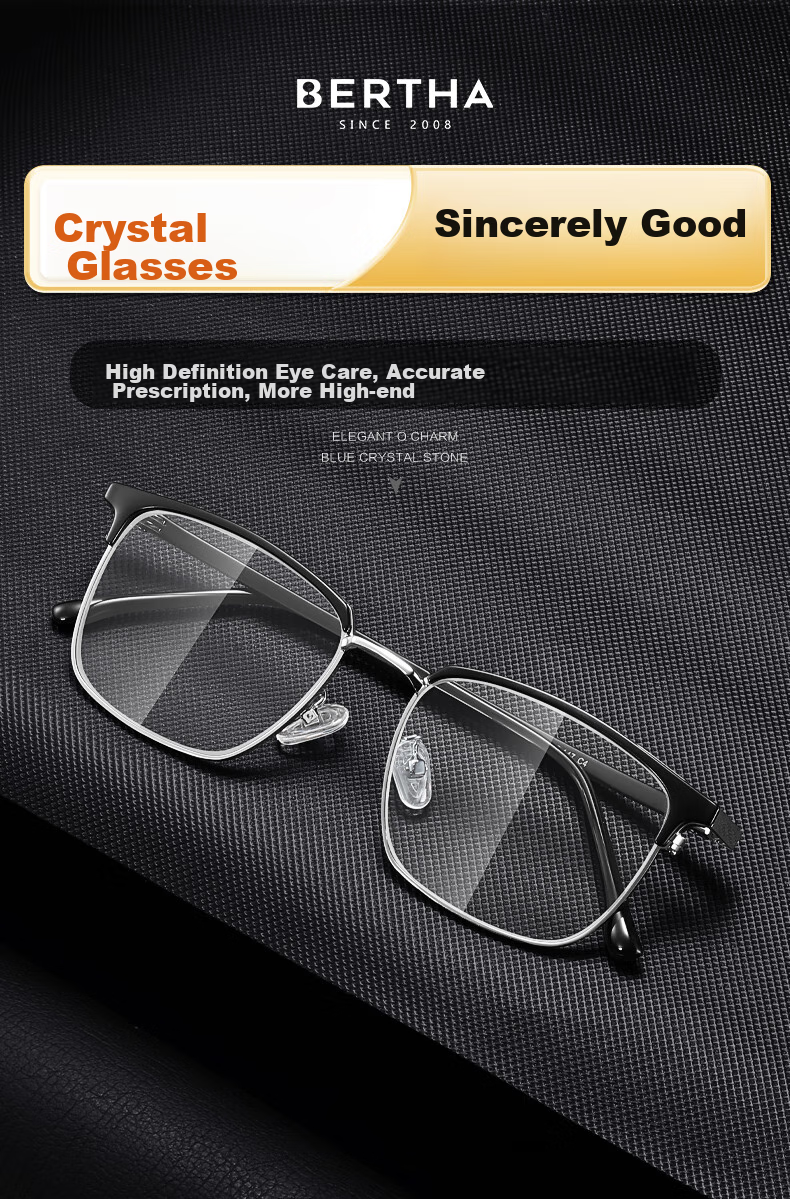 Bertha East China Sea Natural Crystal Lens Brand Reading Glasses for Men, Stone Eyeglasses, High-End Clear Anti-Scratch Wear-Resistant, Gift for Father 1