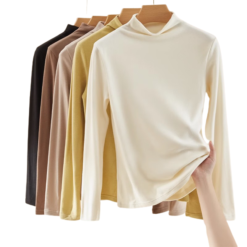 LangSha Women's Basic Base Layer, Spring And Autumn Style, Semi-Turtleneck, Solid Color Long-Sleeve Undershirt, Slim Fit, Form-Fitting, High-Elastic Base Shirt