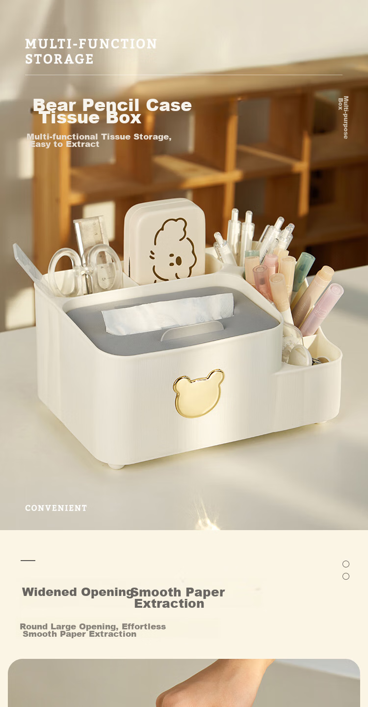 Sannianerban [Back to School Essential] Bear Pen Holder, Large Capacity Storage Box, Student Luxurious Simple Pen Container, Creative Stationery, Office Desk Tissue Organizer Decoration, White Large Size 1