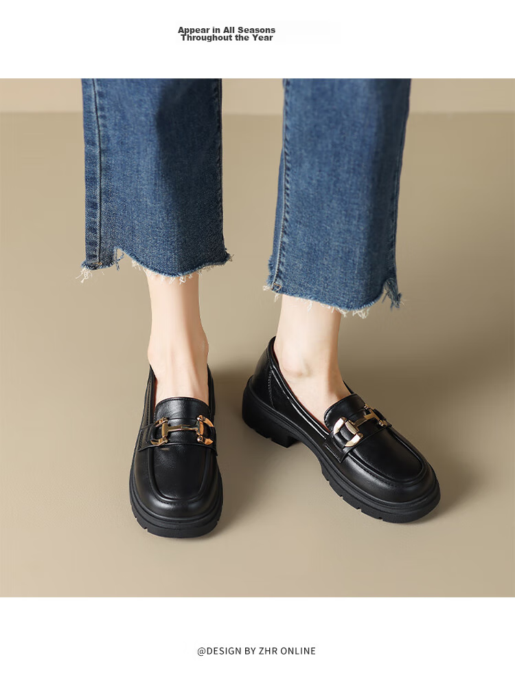 ZHR Women's Loafers, Soft-Soled Versatile Round-Toe Leather Shoes, British Style Chunky Heel Women's Shoes, OFTEP06, Black, Size 38 7